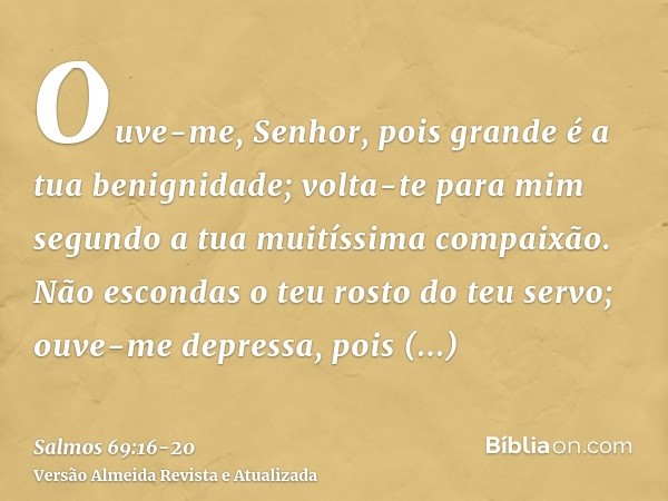 Ouve-me, Senhor, pois grande é a tua benignidade; volta-te para mim segundo a tua muitíssima compaixão.Não escondas o teu rosto do teu servo; ouve-me depressa, 