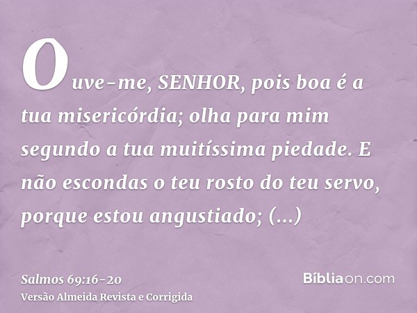 Ouve-me, SENHOR, pois boa é a tua misericórdia; olha para mim segundo a tua muitíssima piedade.E não escondas o teu rosto do teu servo, porque estou angustiado;