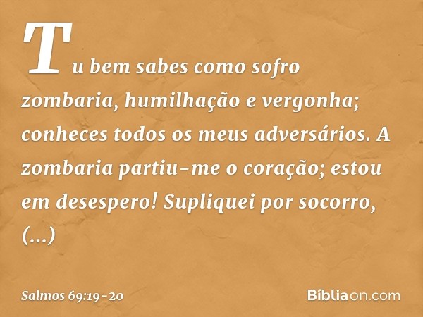 Tu bem sabes como sofro zombaria,
humilhação e vergonha;
conheces todos os meus adversários. A zombaria partiu-me o coração;
estou em desespero!
Supliquei por s