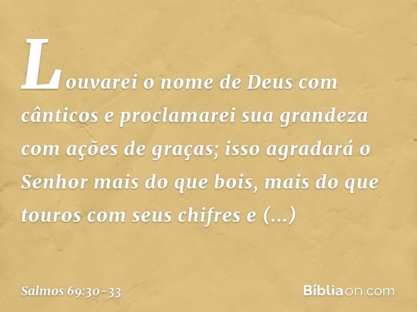 Louvarei o nome de Deus com cânticos
e proclamarei sua grandeza
com ações de graças; isso agradará o Senhor mais do que bois,
mais do que touros com seus chifre