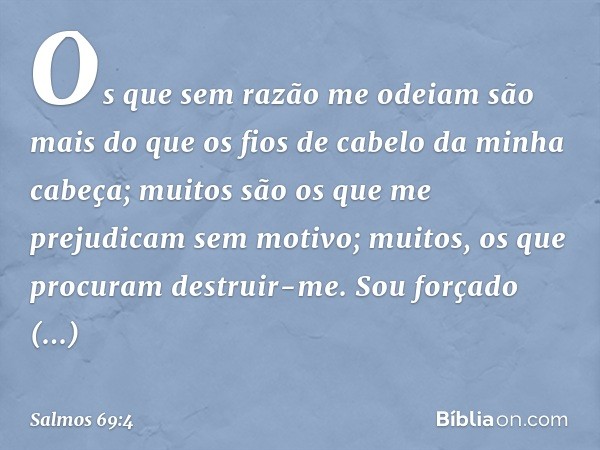 Os que sem razão me odeiam
são mais do que os fios de cabelo
da minha cabeça;
muitos são os que me prejudicam sem motivo;
muitos, os que procuram destruir-me.
S