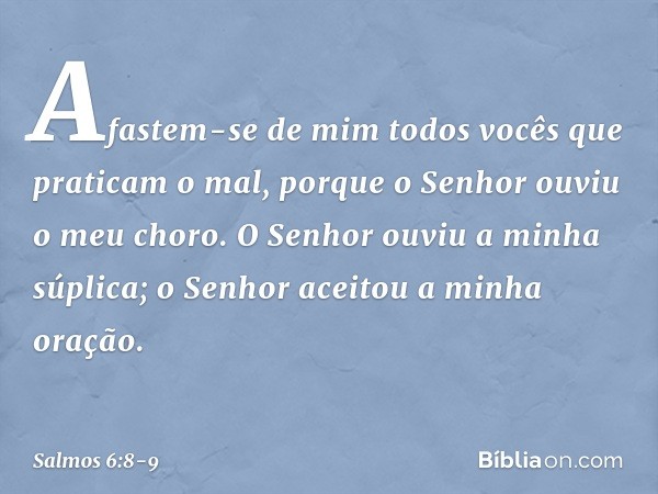 Afastem-se de mim
todos vocês que praticam o mal,
porque o Senhor ouviu o meu choro. O Senhor ouviu a minha súplica;
o Senhor aceitou a minha oração. -- Salmo 6