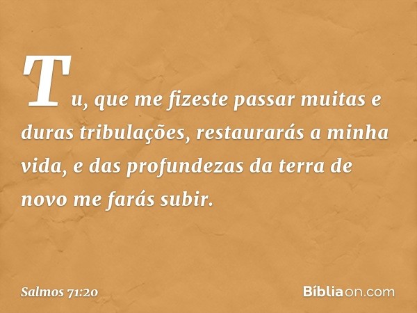 Tu, que me fizeste passar
muitas e duras tribulações,
restaurarás a minha vida,
e das profundezas da terra
de novo me farás subir. -- Salmo 71:20