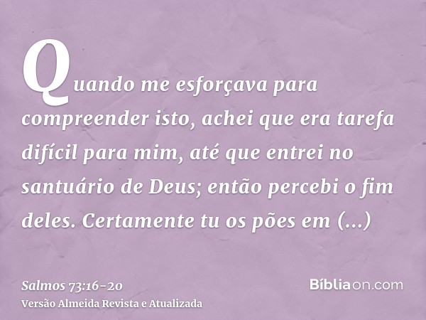 Quando me esforçava para compreender isto, achei que era tarefa difícil para mim,até que entrei no santuário de Deus; então percebi o fim deles.Certamente tu os