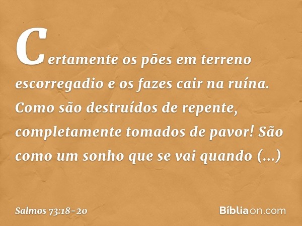 Certamente os pões em terreno escorregadio
e os fazes cair na ruína. Como são destruídos de repente,
completamente tomados de pavor! São como um sonho
que se va