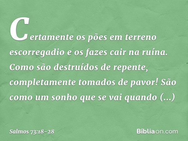 Certamente os pões em terreno escorregadio
e os fazes cair na ruína. Como são destruídos de repente,
completamente tomados de pavor! São como um sonho
que se va