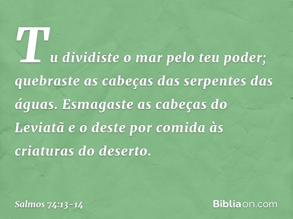 Tu dividiste o mar pelo teu poder;
quebraste as cabeças das serpentes das águas. Esmagaste as cabeças do Leviatã
e o deste por comida às criaturas do deserto. -