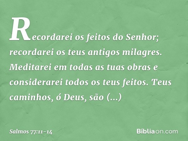 Recordarei os feitos do Senhor;
recordarei os teus antigos milagres. Meditarei em todas as tuas obras
e considerarei todos os teus feitos. Teus caminhos, ó Deus