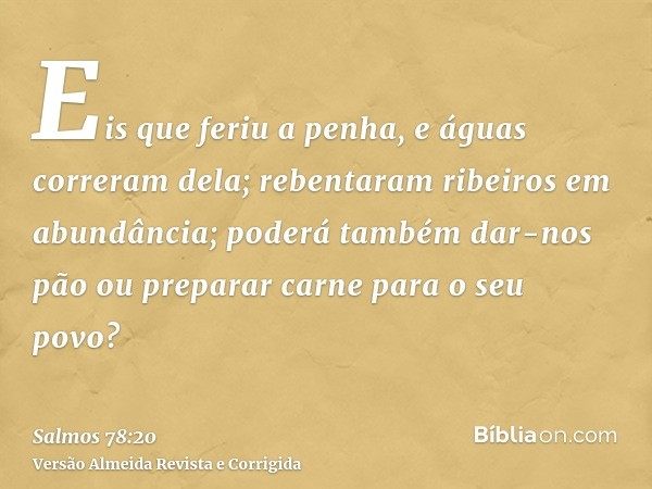 Eis que feriu a penha, e águas correram dela; rebentaram ribeiros em abundância; poderá também dar-nos pão ou preparar carne para o seu povo?