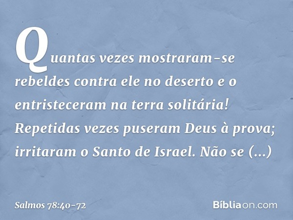 Quantas vezes mostraram-se rebeldes
contra ele no deserto
e o entristeceram na terra solitária! Repetidas vezes puseram Deus à prova;
irritaram o Santo de Israe