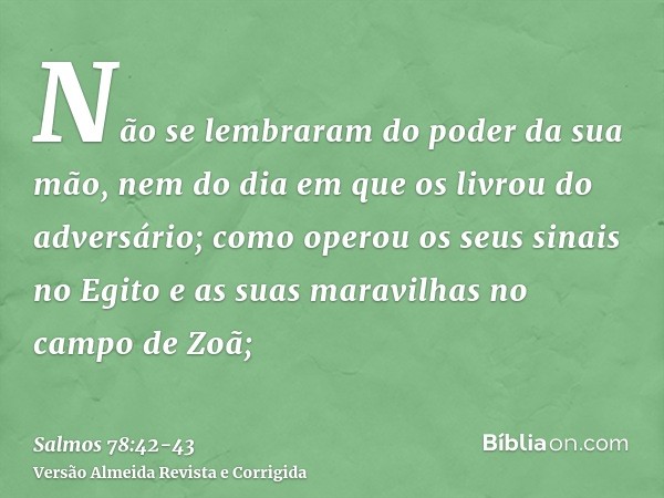 Não se lembraram do poder da sua mão, nem do dia em que os livrou do adversário;como operou os seus sinais no Egito e as suas maravilhas no campo de Zoã;