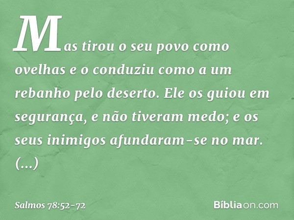 Mas tirou o seu povo como ovelhas
e o conduziu como a um rebanho pelo deserto. Ele os guiou em segurança,
e não tiveram medo;
e os seus inimigos afundaram-se no