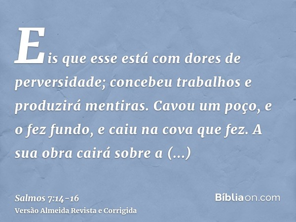 Eis que esse está com dores de perversidade; concebeu trabalhos e produzirá mentiras.Cavou um poço, e o fez fundo, e caiu na cova que fez.A sua obra cairá sobre