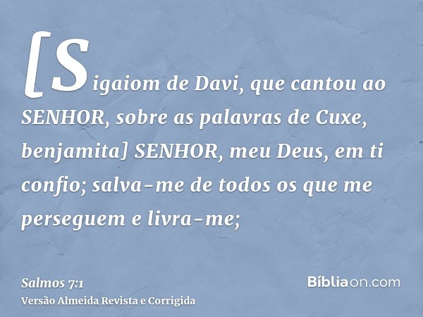 [Sigaiom de Davi, que cantou ao SENHOR, sobre as palavras de Cuxe, benjamita] SENHOR, meu Deus, em ti confio; salva-me de todos os que me perseguem e livra-me;