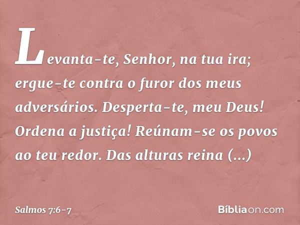 Levanta-te, Senhor, na tua ira;
ergue-te contra o furor dos meus adversários.
Desperta-te, meu Deus! Ordena a justiça! Reúnam-se os povos ao teu redor.
Das altu