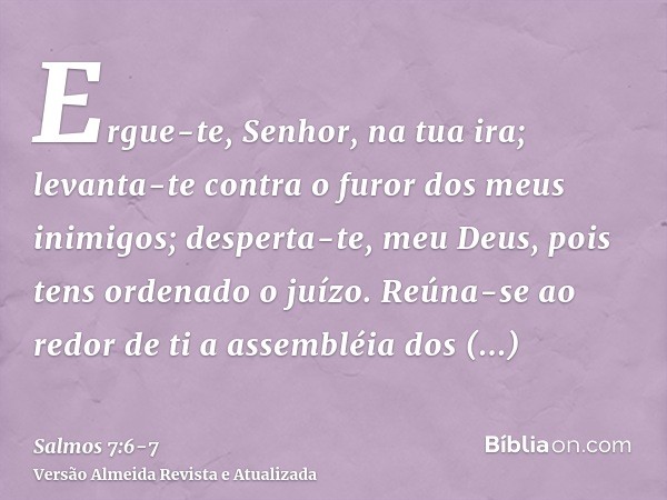 Ergue-te, Senhor, na tua ira; levanta-te contra o furor dos meus inimigos; desperta-te, meu Deus, pois tens ordenado o juízo.Reúna-se ao redor de ti a assembléi