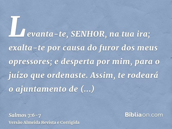 Levanta-te, SENHOR, na tua ira; exalta-te por causa do furor dos meus opressores; e desperta por mim, para o juízo que ordenaste.Assim, te rodeará o ajuntamento