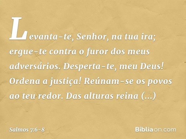 Levanta-te, Senhor, na tua ira;
ergue-te contra o furor dos meus adversários.
Desperta-te, meu Deus! Ordena a justiça! Reúnam-se os povos ao teu redor.
Das altu