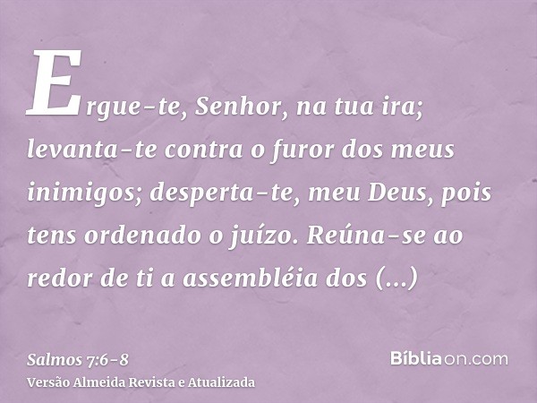 Ergue-te, Senhor, na tua ira; levanta-te contra o furor dos meus inimigos; desperta-te, meu Deus, pois tens ordenado o juízo.Reúna-se ao redor de ti a assembléi