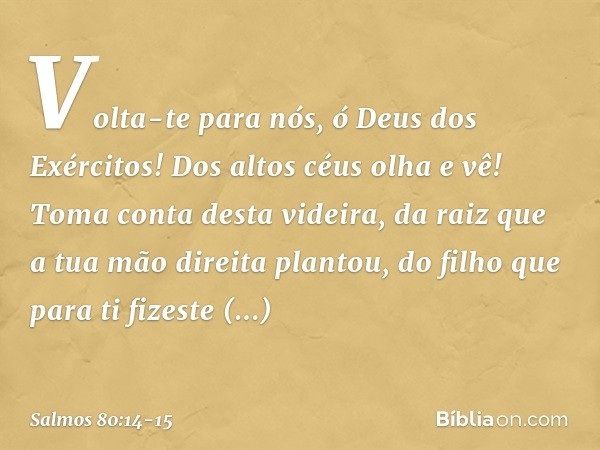 Volta-te para nós, ó Deus dos Exércitos!
Dos altos céus olha e vê!
Toma conta desta videira, da raiz que a tua mão direita plantou,
do filho que para ti fizeste