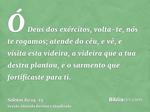 Ó Deus dos exércitos, volta-te, nós te rogamos; atende do céu, e vê, e visita esta videira,a videira que a tua destra plantou, e o sarmento que fortificaste par