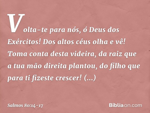 Volta-te para nós, ó Deus dos Exércitos!
Dos altos céus olha e vê!
Toma conta desta videira, da raiz que a tua mão direita plantou,
do filho que para ti fizeste