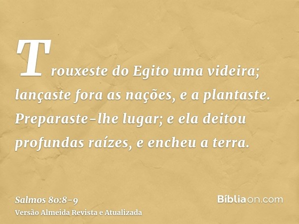 Trouxeste do Egito uma videira; lançaste fora as nações, e a plantaste.Preparaste-lhe lugar; e ela deitou profundas raízes, e encheu a terra.