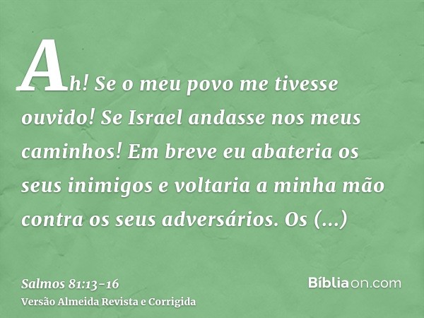 Ah! Se o meu povo me tivesse ouvido! Se Israel andasse nos meus caminhos!Em breve eu abateria os seus inimigos e voltaria a minha mão contra os seus adversários