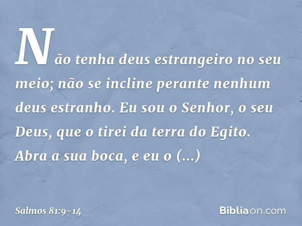 Não tenha deus estrangeiro no seu meio;
não se incline perante nenhum deus estranho. Eu sou o Senhor, o seu Deus,
que o tirei da terra do Egito.
Abra a sua boca