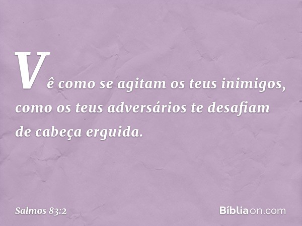 Vê como se agitam os teus inimigos,
como os teus adversários
te desafiam de cabeça erguida. -- Salmo 83:2