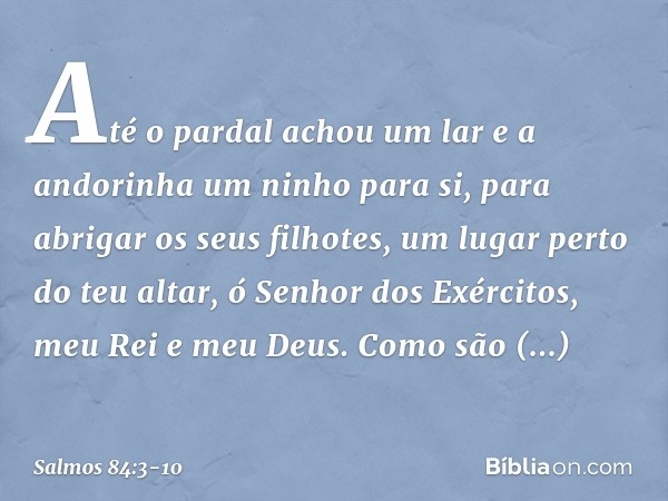 Até o pardal achou um lar
e a andorinha um ninho para si,
para abrigar os seus filhotes,
um lugar perto do teu altar,
ó Senhor dos Exércitos, meu Rei e meu Deus