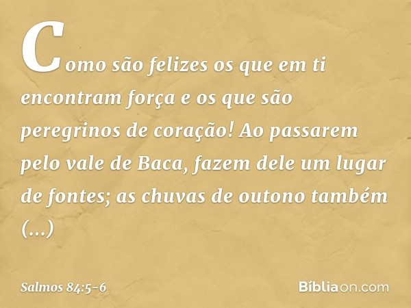 Como são felizes os que em ti
encontram força
e os que são peregrinos de coração! Ao passarem pelo vale de Baca,
fazem dele um lugar de fontes;
as chuvas de out