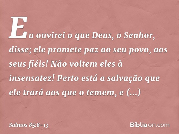 Eu ouvirei o que Deus, o Senhor, disse;
ele promete paz ao seu povo, aos seus fiéis!
Não voltem eles à insensatez! Perto está a salvação que ele trará
aos que o
