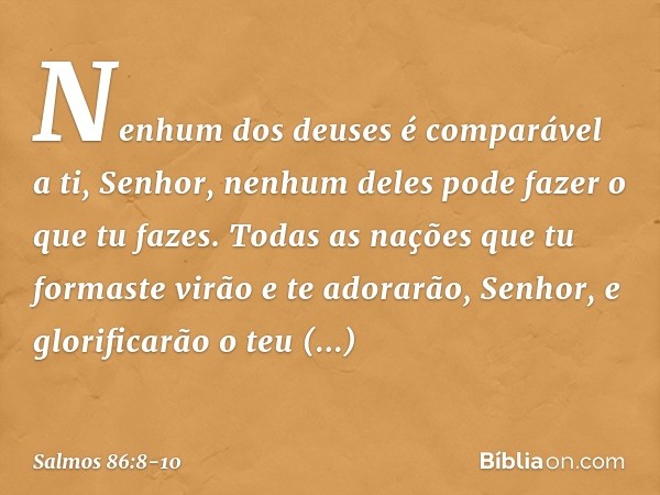 Nenhum dos deuses é comparável a ti, Senhor,
nenhum deles pode fazer o que tu fazes. Todas as nações que tu formaste
virão e te adorarão, Senhor,
e glorificarão