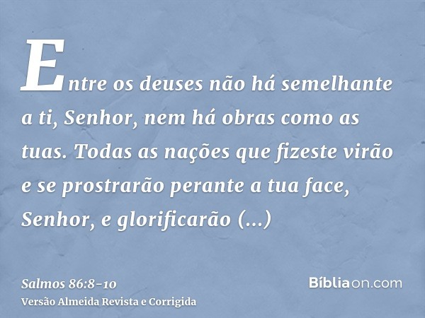 Entre os deuses não há semelhante a ti, Senhor, nem há obras como as tuas.Todas as nações que fizeste virão e se prostrarão perante a tua face, Senhor, e glorif