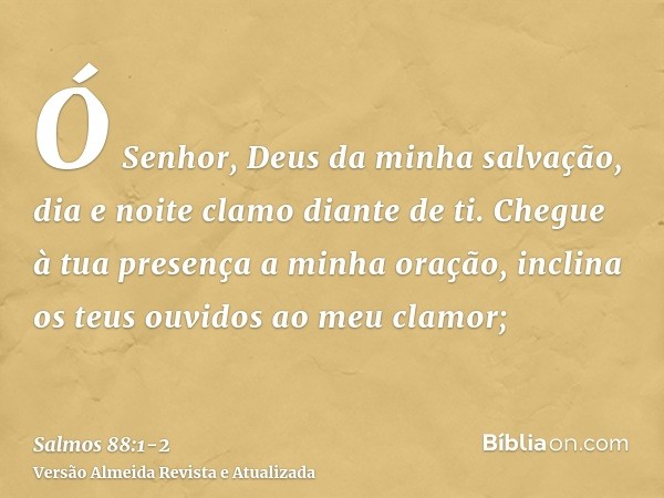 Ó Senhor, Deus da minha salvação, dia e noite clamo diante de ti.Chegue à tua presença a minha oração, inclina os teus ouvidos ao meu clamor;