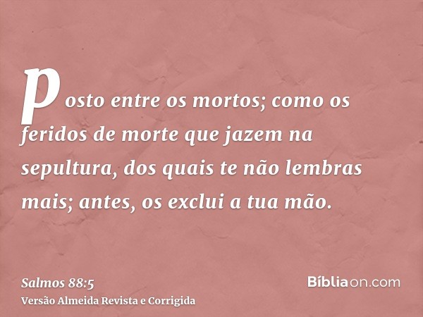 posto entre os mortos; como os feridos de morte que jazem na sepultura, dos quais te não lembras mais; antes, os exclui a tua mão.