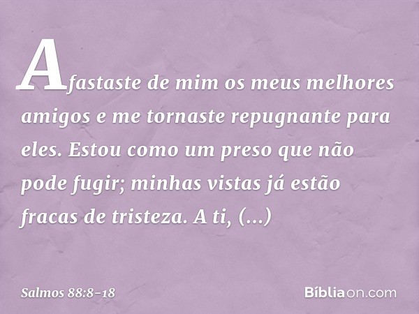 Afastaste de mim os meus melhores amigos
e me tornaste repugnante para eles.
Estou como um preso que não pode fugir; minhas vistas já estão fracas de tristeza.