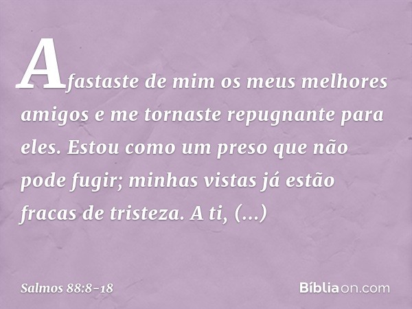 Afastaste de mim os meus melhores amigos
e me tornaste repugnante para eles.
Estou como um preso que não pode fugir; minhas vistas já estão fracas de tristeza.
