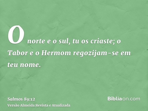 O norte e o sul, tu os criaste; o Tabor e o Hermom regozijam-se em teu nome.