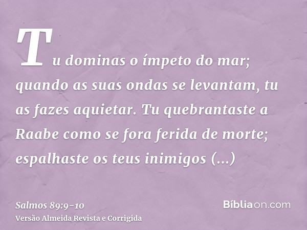 Tu dominas o ímpeto do mar; quando as suas ondas se levantam, tu as fazes aquietar.Tu quebrantaste a Raabe como se fora ferida de morte; espalhaste os teus inim