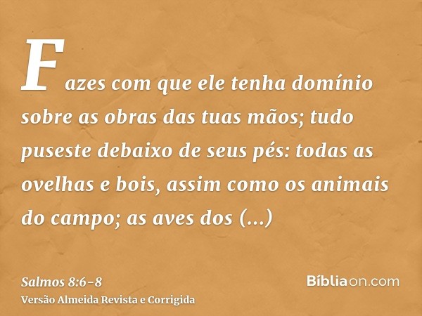 Fazes com que ele tenha domínio sobre as obras das tuas mãos; tudo puseste debaixo de seus pés:todas as ovelhas e bois, assim como os animais do campo;as aves d