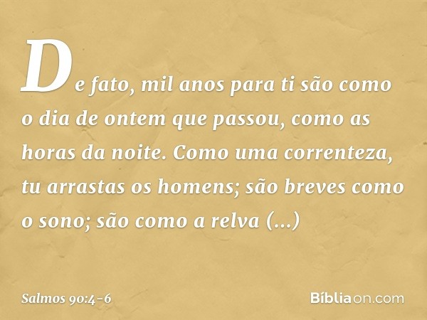 De fato, mil anos para ti
são como o dia de ontem que passou,
como as horas da noite. Como uma correnteza, tu arrastas os homens;
são breves como o sono;
são co