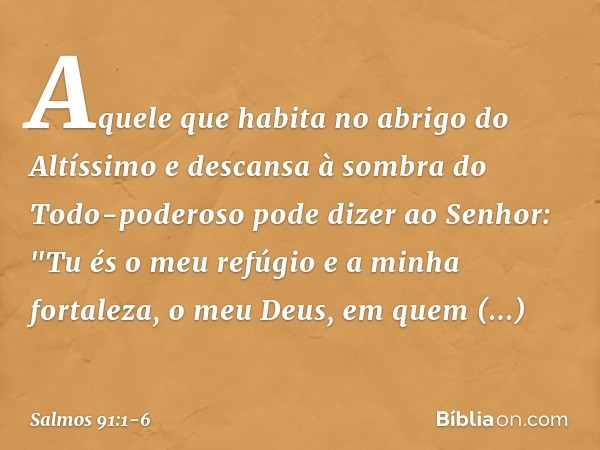 Aquele que habita no abrigo do Altíssimo
e descansa à sombra do Todo-poderoso pode dizer ao Senhor:
"Tu és o meu refúgio e a minha fortaleza,
o meu Deus, em que