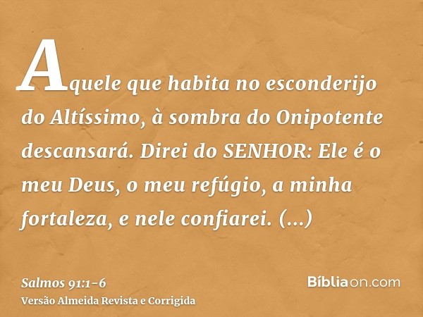 Aquele que habita no esconderijo do Altíssimo, à sombra do Onipotente descansará.Direi do SENHOR: Ele é o meu Deus, o meu refúgio, a minha fortaleza, e nele con