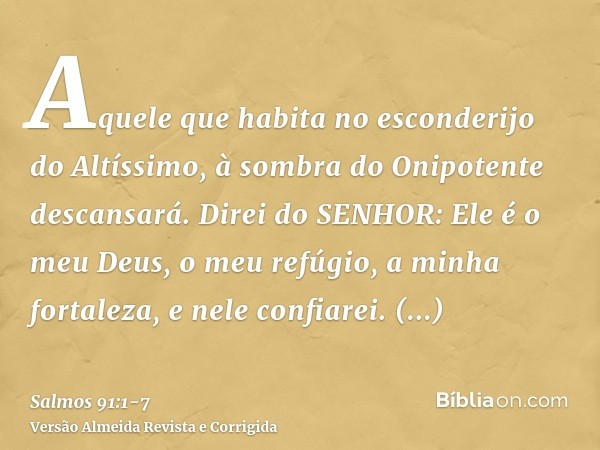 Aquele que habita no esconderijo do Altíssimo, à sombra do Onipotente descansará.Direi do SENHOR: Ele é o meu Deus, o meu refúgio, a minha fortaleza, e nele con