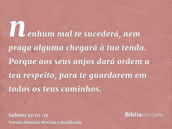 nenhum mal te sucederá, nem praga alguma chegará à tua tenda.Porque aos seus anjos dará ordem a teu respeito, para te guardarem em todos os teus caminhos.