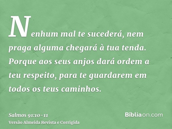 Nenhum mal te sucederá, nem praga alguma chegará à tua tenda.Porque aos seus anjos dará ordem a teu respeito, para te guardarem em todos os teus caminhos.