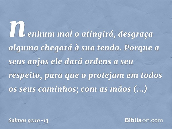 nenhum mal o atingirá,
desgraça alguma chegará à sua tenda. Porque a seus anjos ele dará ordens
a seu respeito,
para que o protejam em todos
os seus caminhos; c