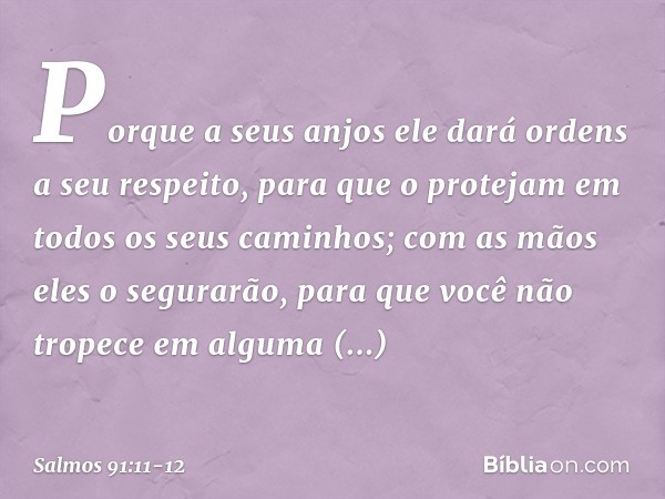 Porque a seus anjos ele dará ordens
a seu respeito,
para que o protejam em todos
os seus caminhos; com as mãos eles o segurarão,
para que você não tropece em al